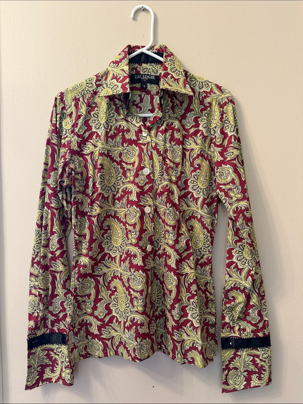 Liz Logie Burgundy and pastel green Paisley Button-Down Shirt
